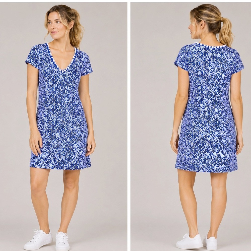 Lilly Pulitzer Etta Dress Medium Blue White Geometric V-Neck Pima Cotton Pom Pom